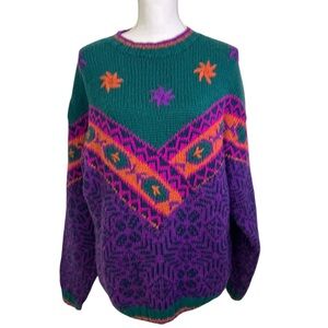 Vintage Obermeyer Sweater Womens Large Floral Embroidered Wool Acrylic 80s Ski